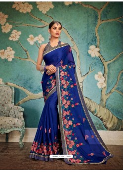 Navy Blue Embroidered Two Tone Art Silk Saree