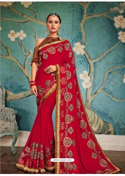 Red Embroidered Two Tone Art Silk Saree