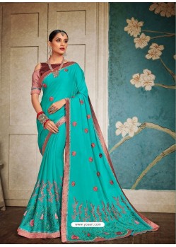 Turquoise Embroidered Two Tone Art Silk Saree