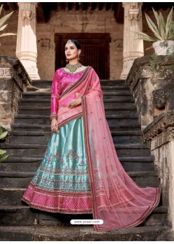Eye Catching Sky Blue And Pink Pure Satin Zari Worked Designer Lehenga Choli