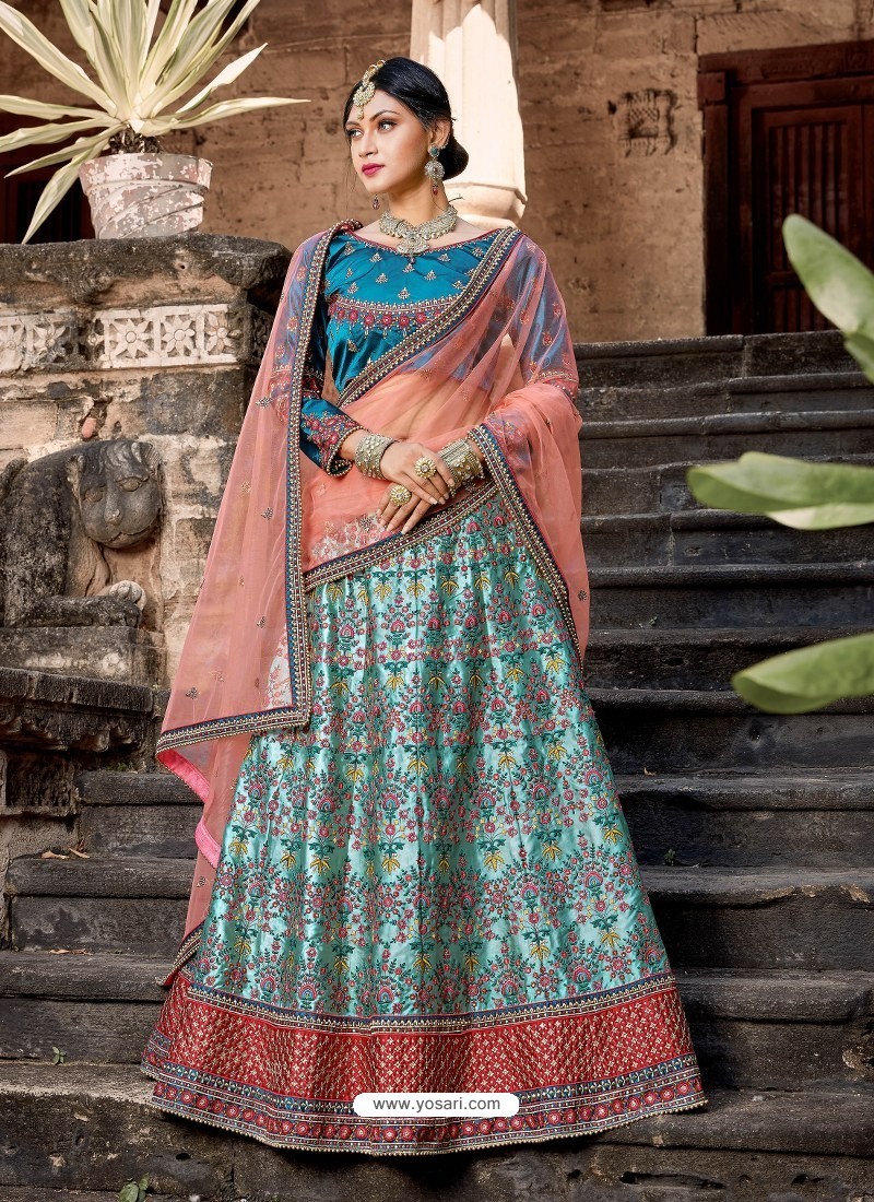 Buy Sky Blue N Peach Banarasi Silk Thread Embriodery Umbrella Lehenga  Wedding Wear Online at Best Price | Cbazaar