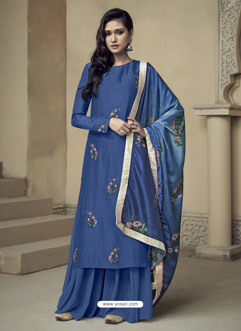 Buy Dark Blue Upada Silk Thread Embroidered Palazzo Suit | Palazzo ...