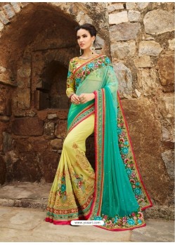 Jade Green And Yellow Georgette Embroidered Designer Wedding Saree