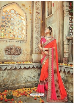 Orange And Rani Paper Silk Embroidered Designer Wedding Saree