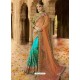 Sky Blue And Orange Net Pallu And Georgette Embroidered Designer Wedding Saree