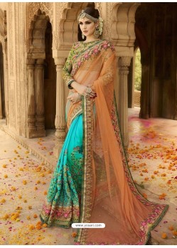 Sky Blue And Orange Net Pallu And Georgette Embroidered Designer Wedding Saree