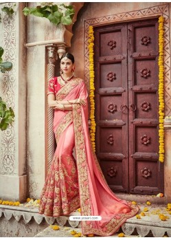 Peach Vichitra Embroidered Designer Wedding Saree