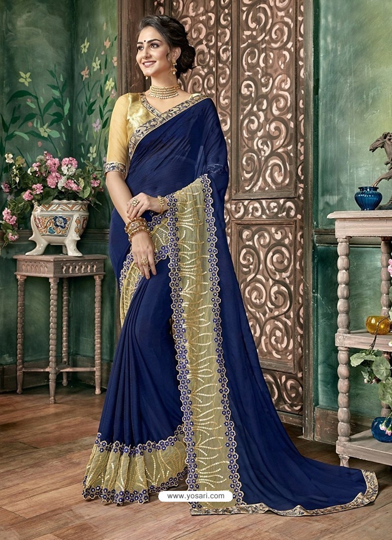 Shop Blue Tussar Georgette Saree Online in USA with Embroidered Border –  Pure Elegance