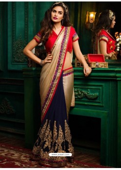 Gold And Blue Sahi Chiffon Vichitra Embroidered Designer Wedding Saree