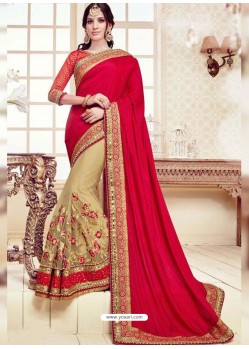Red And Beige Net Chinon Embroidered Party Wear Saree