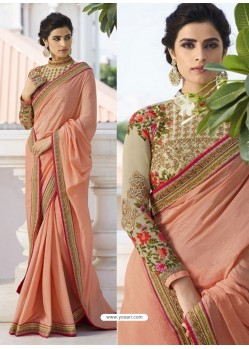 Peach Vichitra Embroidered Party Wear Saree