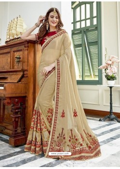 Beige Chinon Embroidered Party Wear Saree