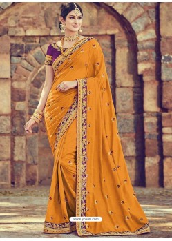Mustard Vichitra Embroidered Party Wear Saree