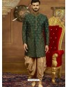 Dark Green Art Banarasi Silk Indo Western Embroidered Designer Sherwani