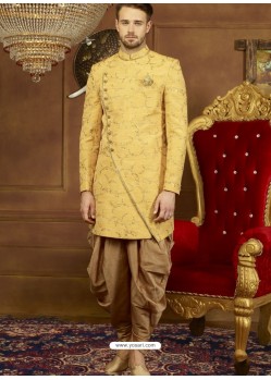 Decent Yellow Art Banarasi Silk Indo Western Embroidered Designer Sherwani