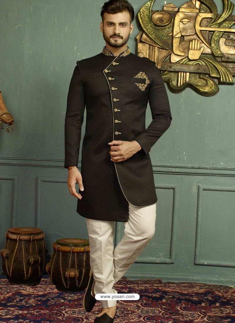 Buy Black Imported Jaquard Nawabi Style Designer Sherwani | Sherwani