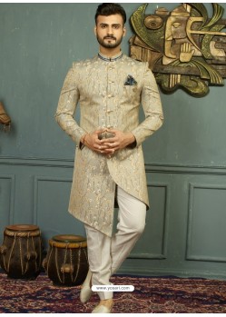 Buy Taupe Imported Jaquard Nawabi Style Designer Sherwani | Sherwani