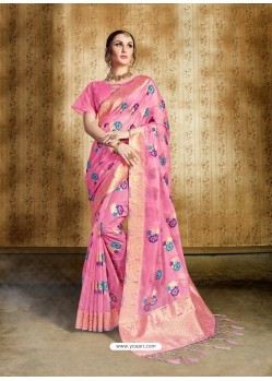 Hot Pink Nylon Organza Silk Designer Saree