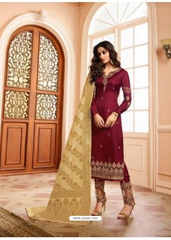 Maroon Silk Heavy Embroidered Straight Suit