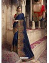 Navy Blue Soft Silk Thread And Jari Embroidered Designer Wedding Saree