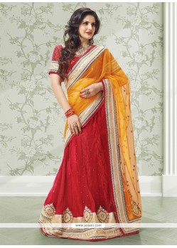 Imperial Mustard And Red Georgette Lehenga Saree