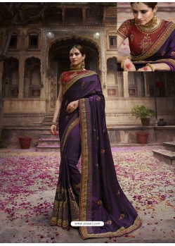 Purple Soft Silk Thread And Jari Embroidered Designer Wedding Saree