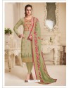 Olive Green Pure Upada Silk Embroidered Churidar Suit