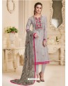 Grey Pure Upada Silk Embroidered Churidar Suit