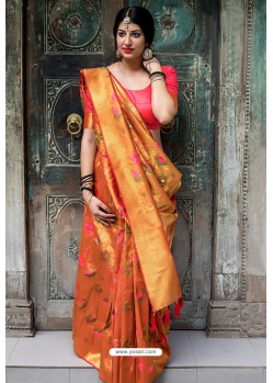 Astonishing Orange Moukthika Silk Jaquard Work Designer Saree