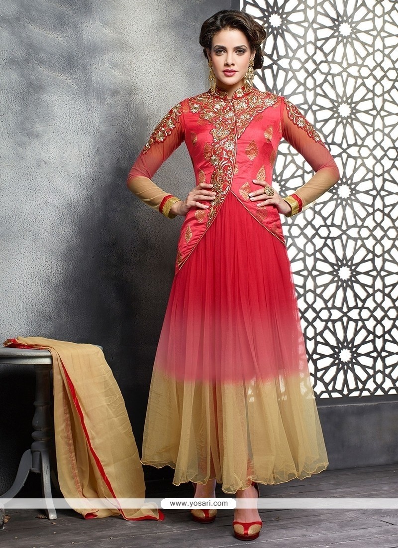 Red And Pink Shaded Net Anarkali Suit