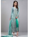 Sky Blue And Aqua Mint Georgette Hand Worked Straight Suit