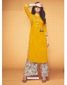 Yellow Rayon Slub Hand Worked Readymade Kurti With Palazzo