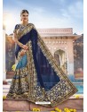 Navy Blue Georgette And Net Heavy Embroidered Party Wear Saree