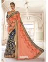 Light Orange And Blue Georgette And Art Silk Heavy Embroidered Party Wear Saree