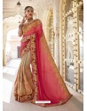 Light Red And Beige Georgette And Net Heavy Embroidered Party Wear Saree