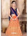 Navy And Orange Japan Silk Embroidered Lehenga Choli