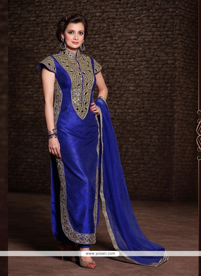 Diya Mirza Blue Banarasi Silk Churidar Suit