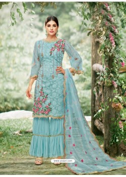 Sky Blue Tissu With Inner Rasel Net Embroidered Palazzo Suit