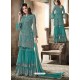 Teal Top Net Heavy Embroidered Designer Palazzo Suit