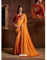 Glorious Orange Chiffon Georgette Zari Embroidered Party Wear Saree