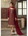 Maroon Velvet Embroidered Straight Suit