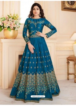 Tealblue Mulberry Silk Embroidered Designer Anarkali Suit