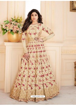 Cream Mulberry Silk Embroidered Designer Anarkali Suit