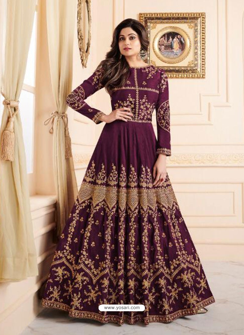 Buy Deep Wine Mulberry Silk Embroidered Designer Anarkali Suit ...