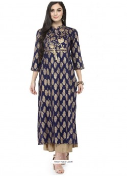 Navy Blue Viscose Rayon Printed Kurti