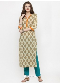 Light Beige Cotton Blend Printed Kurti