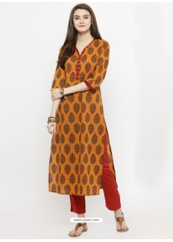 Orange Cotton Blend Printed Kurti