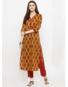 Orange Cotton Blend Printed Kurti