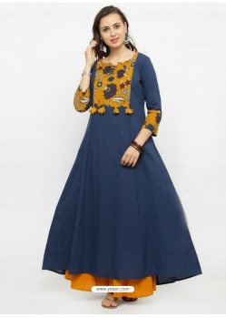 Navy Blue Cotton Blend Printed Kurti