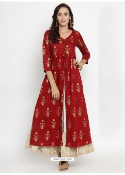 Maroon Cotton Blend Printed Kurti